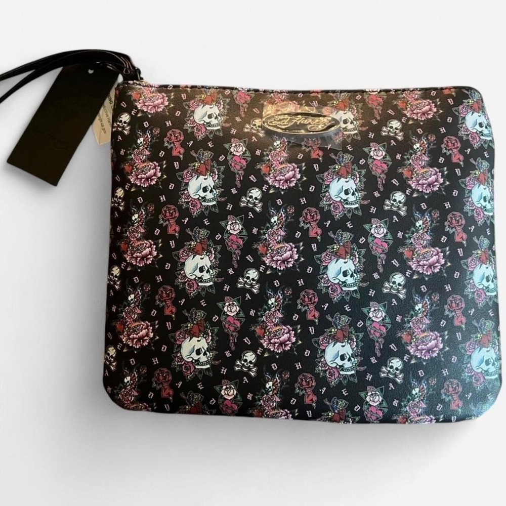 Ed Hardy Black and Pink Skull and Rose Print Clutch Zipper Pouch